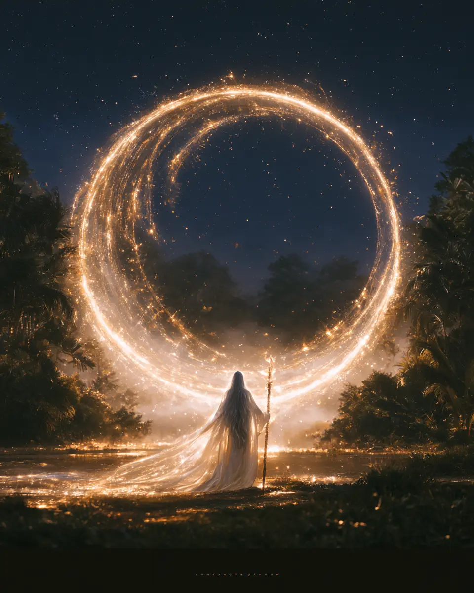 Figura diante de um grande anel de luz