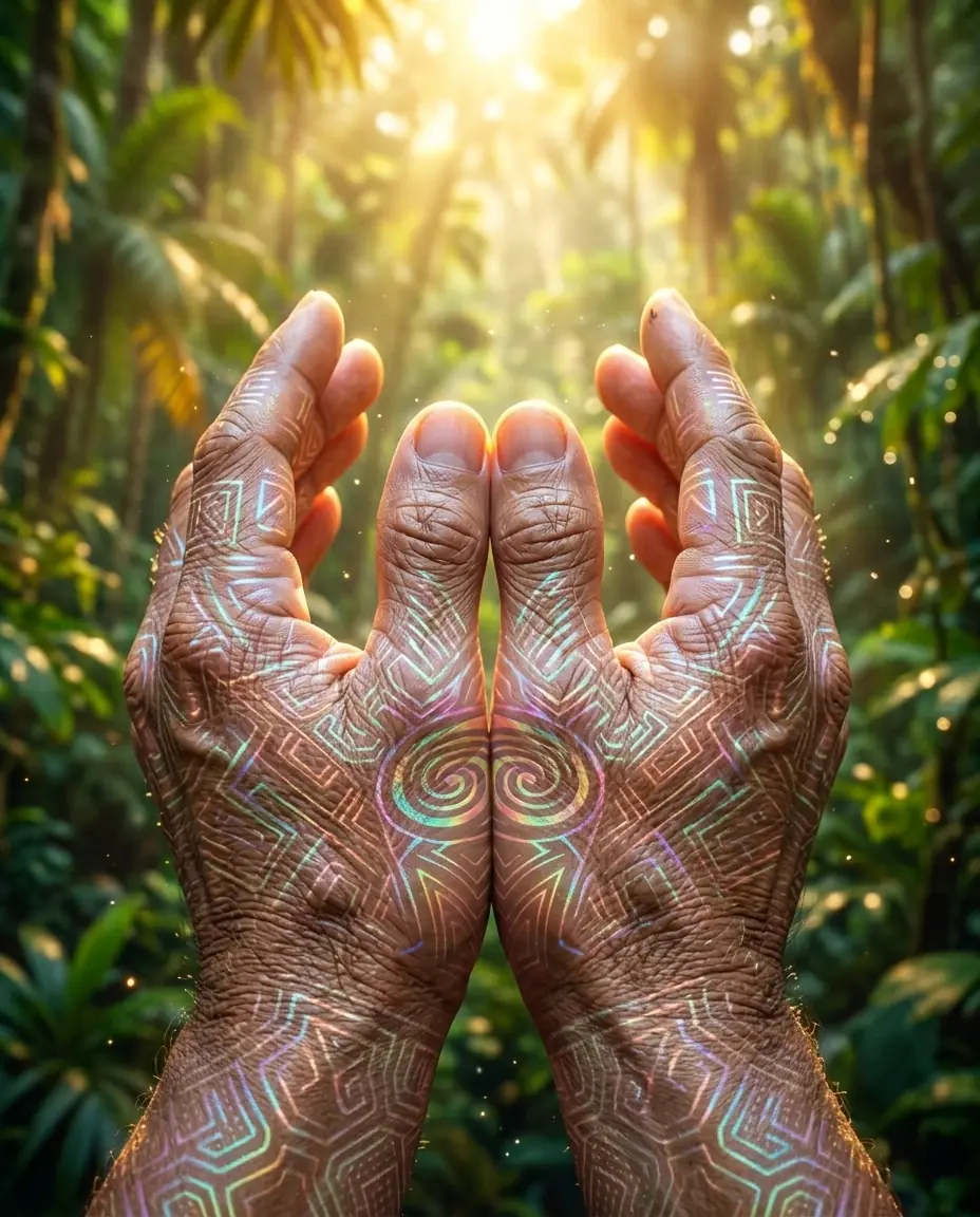 Mãos abertas com geometria luminosa irisada