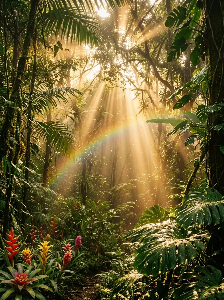 Raios de sol atravessando a floresta tropical com um arco-íris