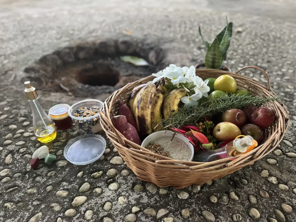 Cesta com frutas e ervas ao lado da cova de fogo